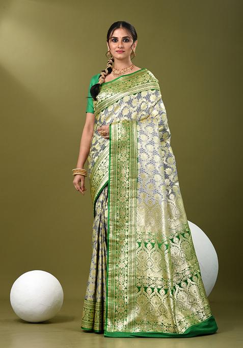 Grey Zari Work Silk Saree Set