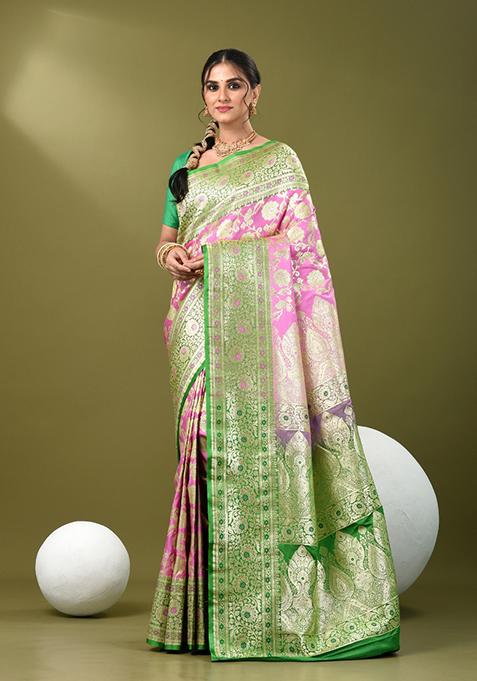 Taffy Pink Zari Work Silk Saree Set