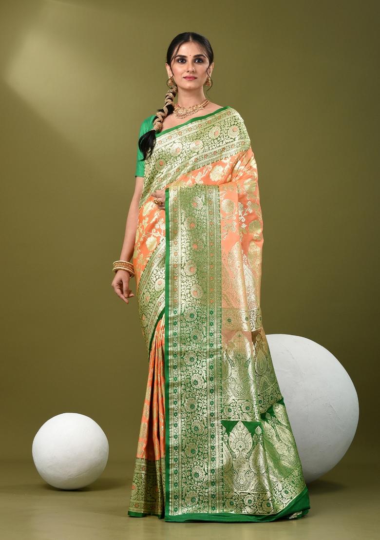 Peach Zari Work Silk Saree Set