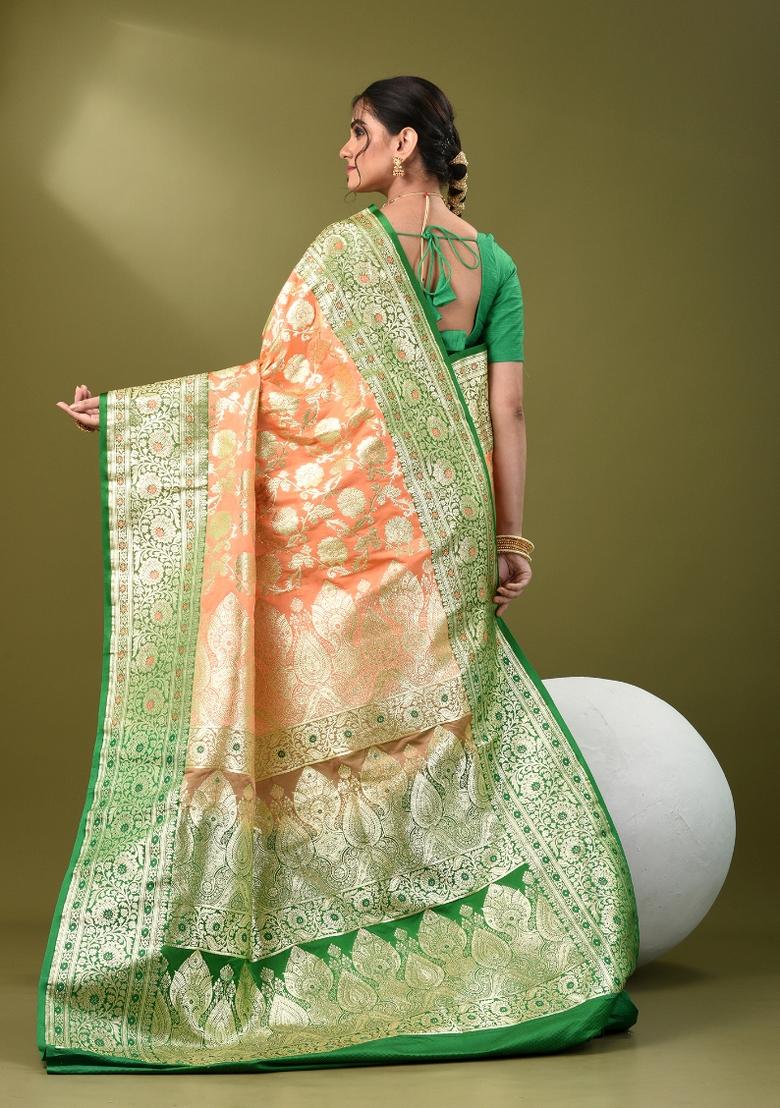 Peach Zari Work Silk Saree Set