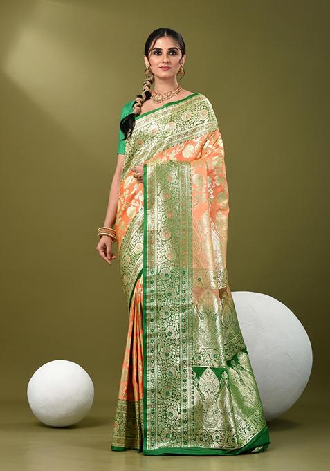 Peach Zari Work Silk Saree Set