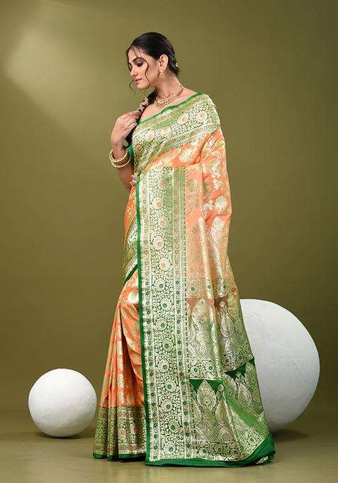 Peach Zari Work Silk Saree Set