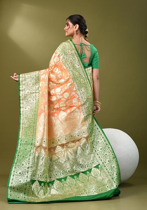 Peach Zari Work Silk Saree Set