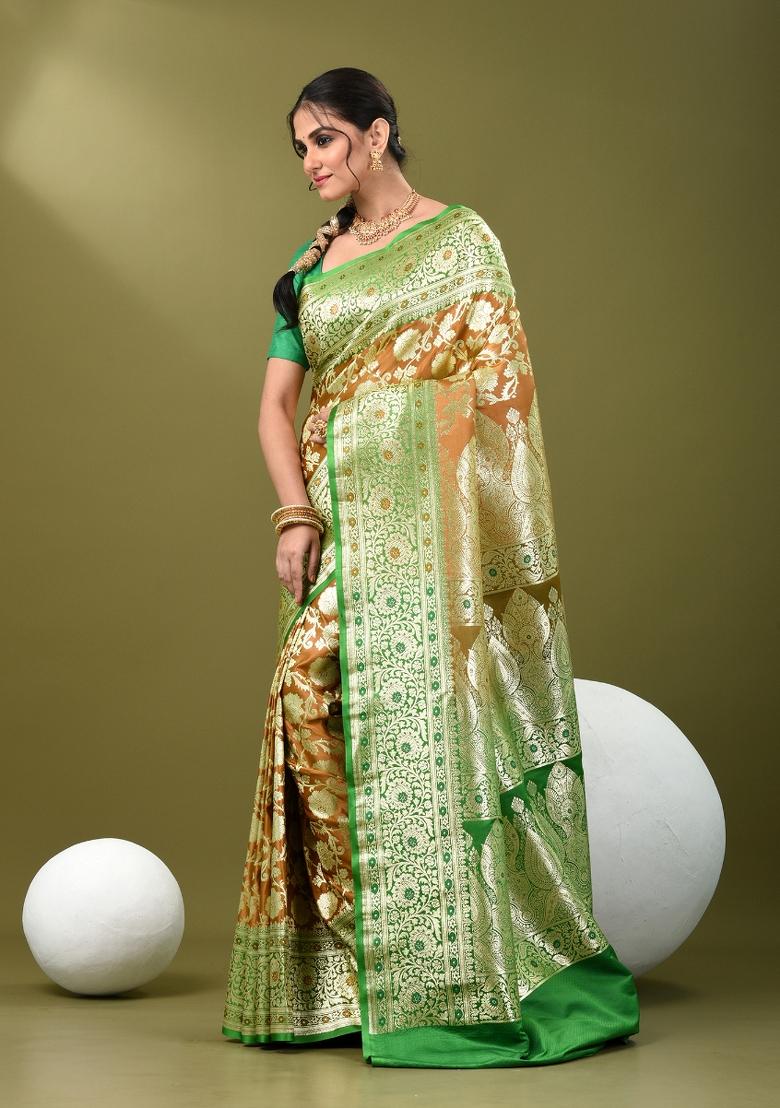 Brown Zari Work Silk Saree Set - Indya