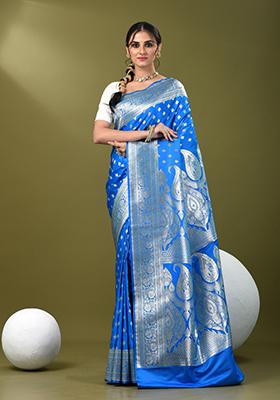 Cerulean Blue Zari Work Silk Saree Set