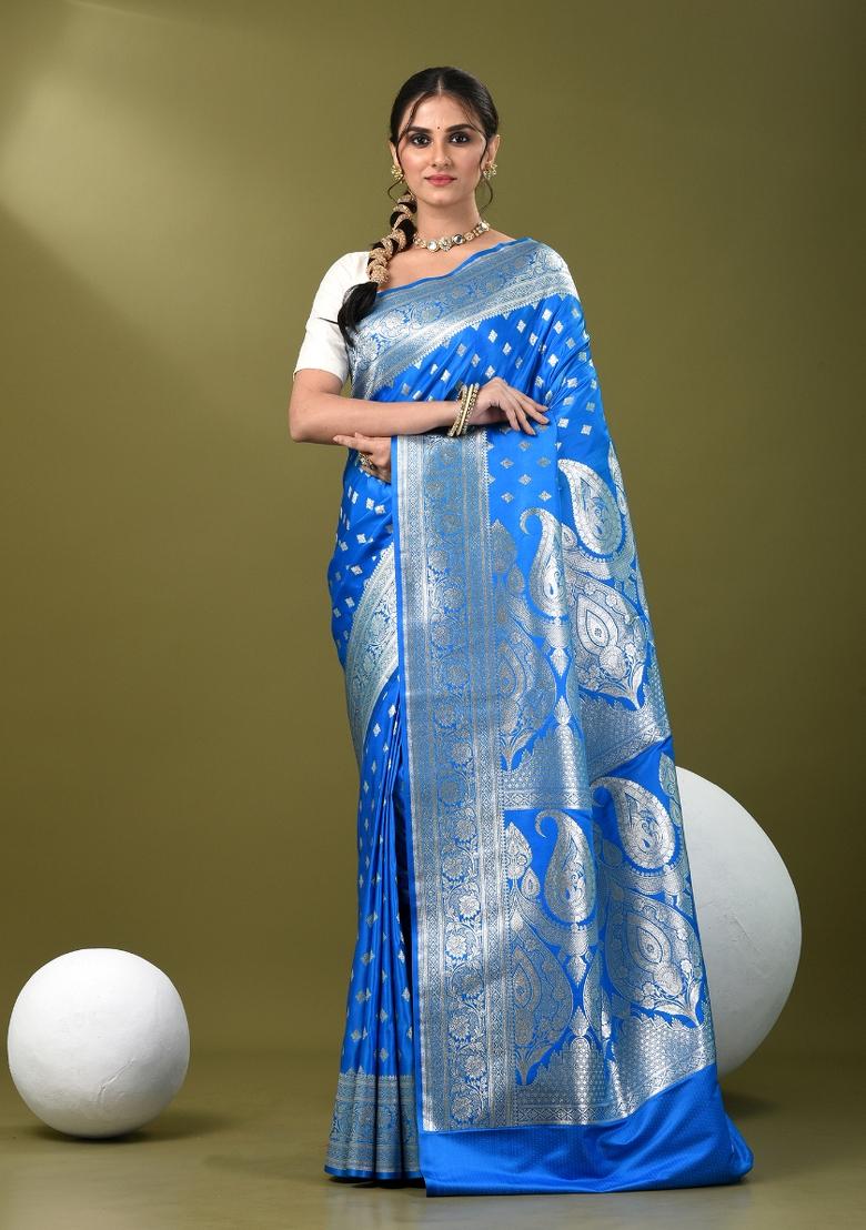 Cerulean Blue Zari Work Silk Saree Set