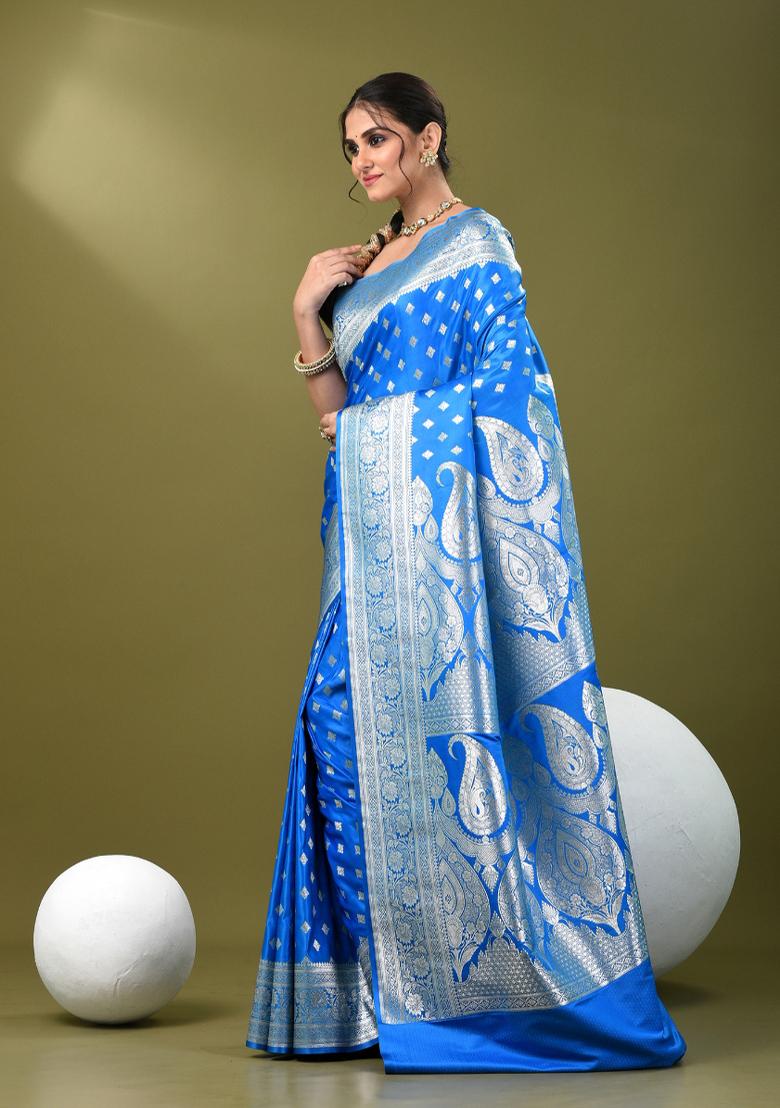 Cerulean Blue Zari Work Silk Saree Set - Indya