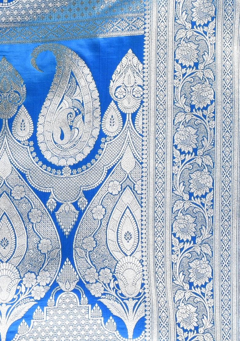 Cerulean Blue Zari Work Silk Saree Set - Indya