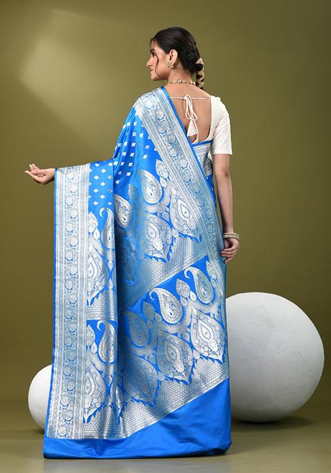 Cerulean Blue Zari Work Silk Saree Set