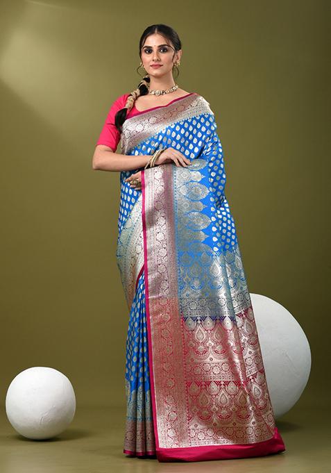 Sky Blue Zari Work Silk Saree Set