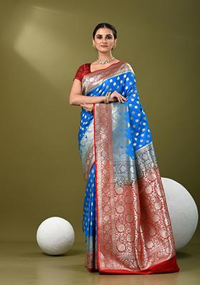 Sky Blue Zari Work Silk Saree Set