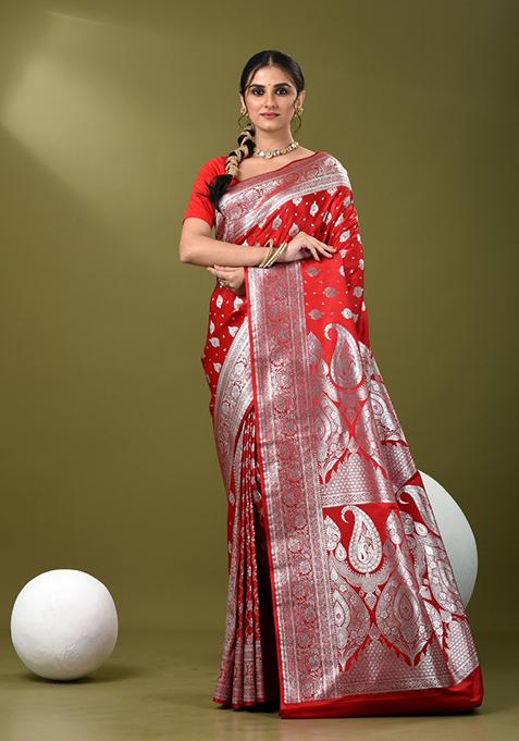 Red Zari Work Silk Saree Set