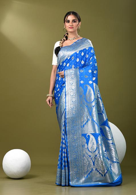 Sky Blue Zari Work Silk Saree Set