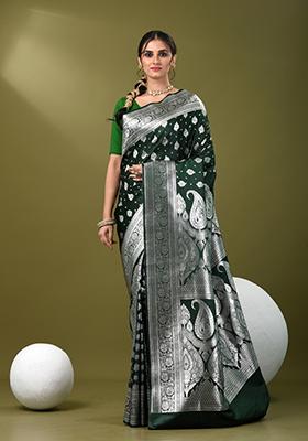 Bottle Green Zari Work Silk Saree Set