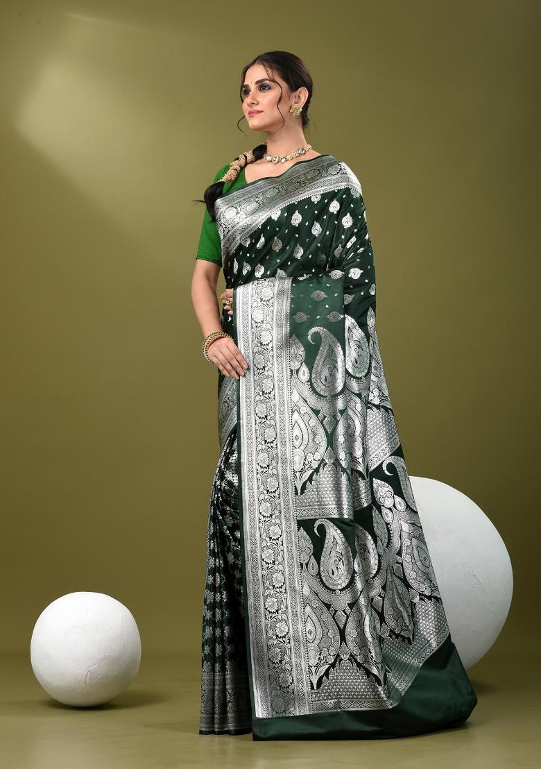 Bottle Green Zari Work Silk Saree Set