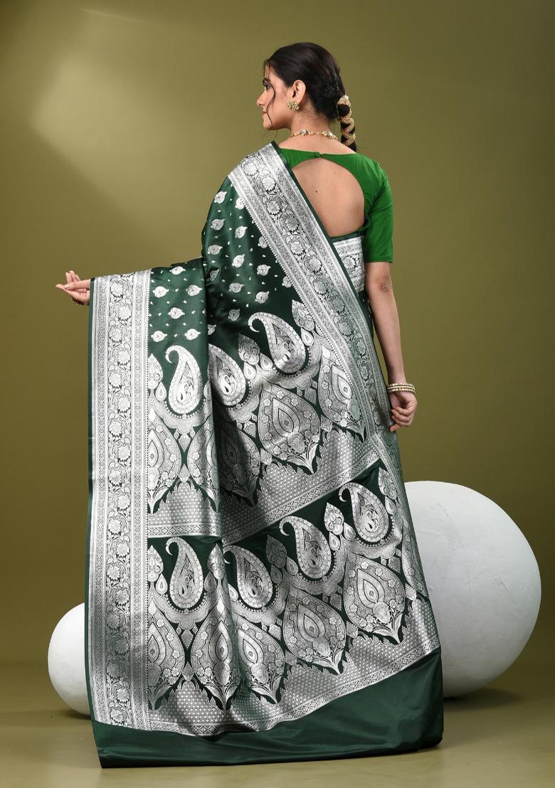 Bottle Green Zari Work Silk Saree Set