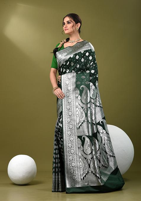 Bottle Green Zari Work Silk Saree Set