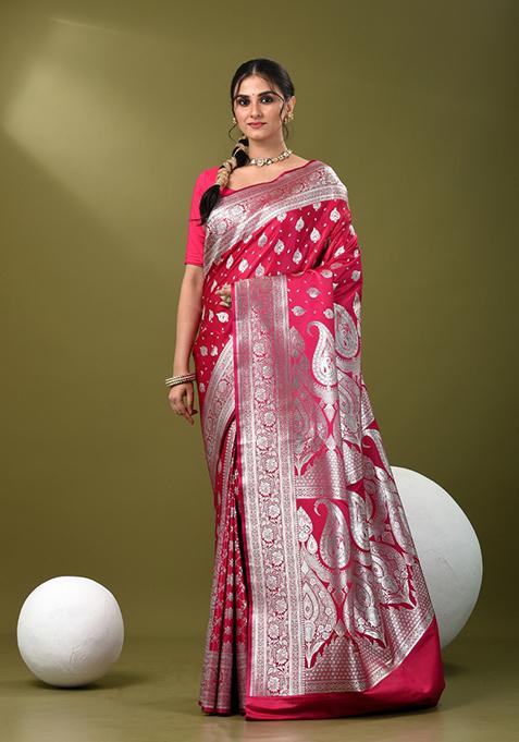 Hot Pink Zari Work Silk Saree Set