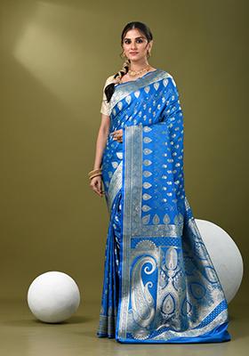 Sky Blue Zari Work Silk Saree Set