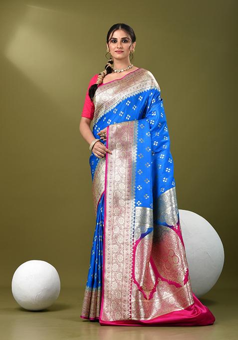 Sky Blue Zari Work Silk Saree Set