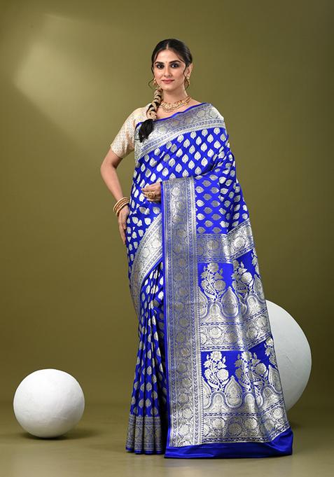 Royal Blue Zari Work Silk Saree Set