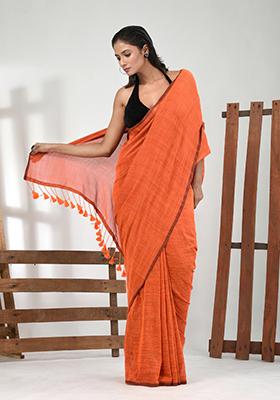 Orange Solid Cotton Saree Set