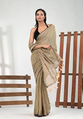 Beige Solid Cotton Saree Set