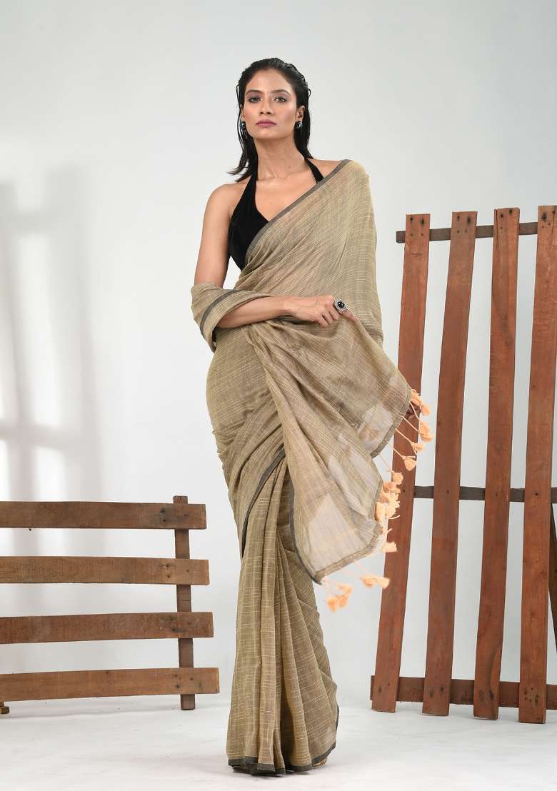 Beige Solid Cotton Saree Set for Diwali | Wedding & Festive Wear - Indya
