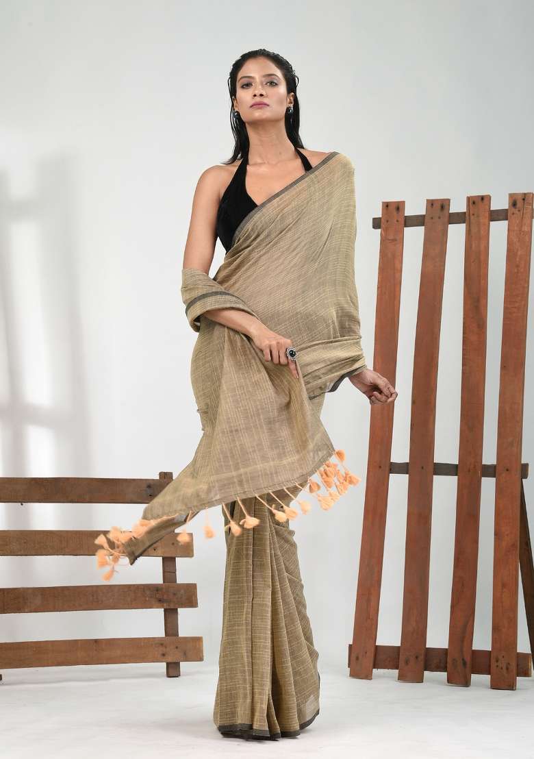 Beige Solid Cotton Saree Set for Diwali | Wedding & Festive Wear - Indya