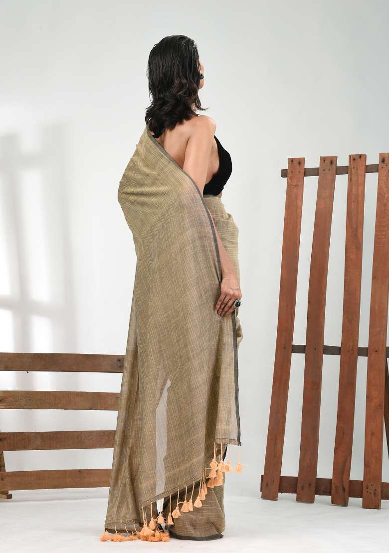 Beige Solid Cotton Saree Set for Diwali | Wedding & Festive Wear - Indya