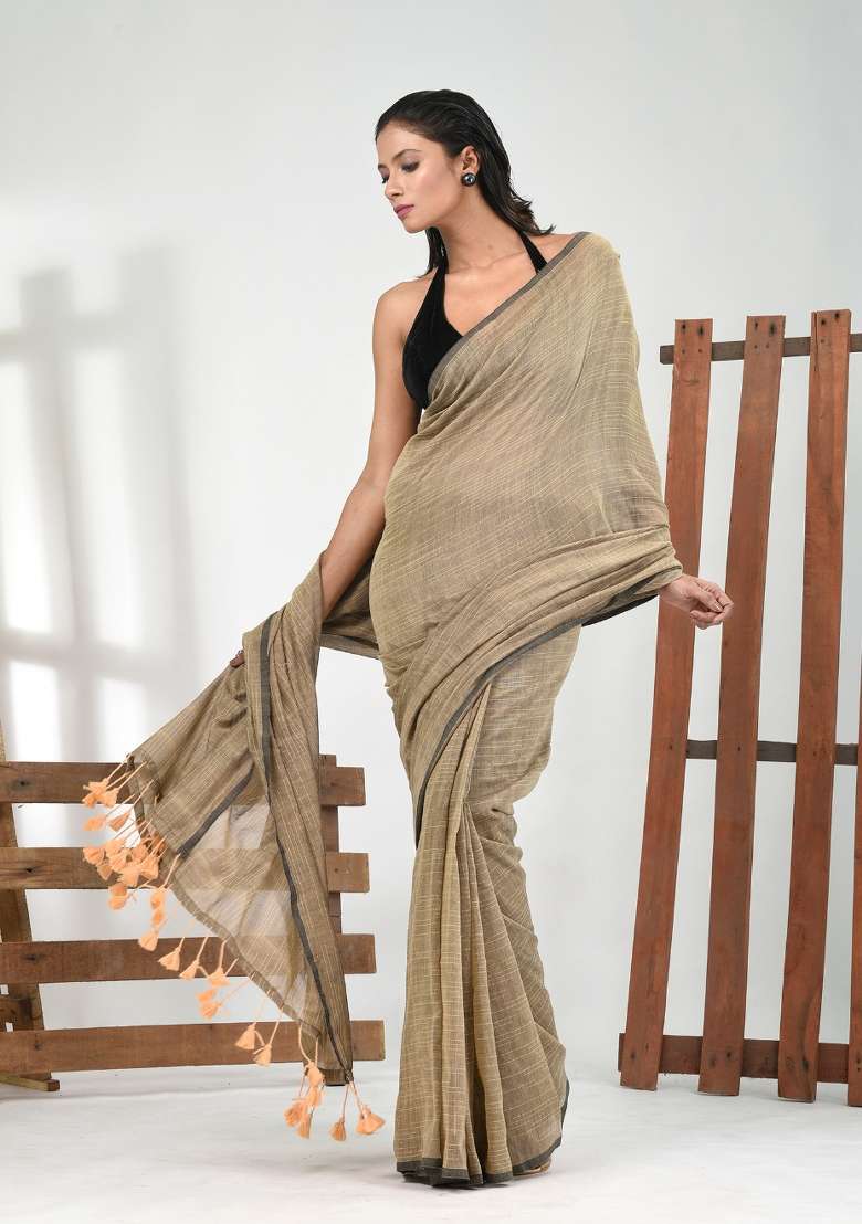 Beige Solid Cotton Saree Set for Diwali | Wedding & Festive Wear - Indya