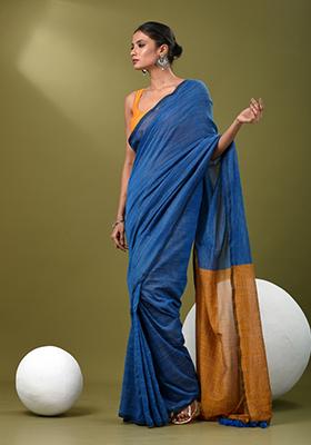 Sapphire Blue Solid Cotton Saree Set