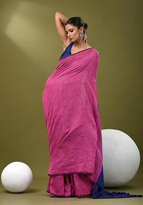 Pink Solid Cotton Saree Set