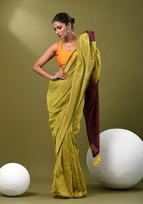 Lime Yellow Solid Cotton Saree Set