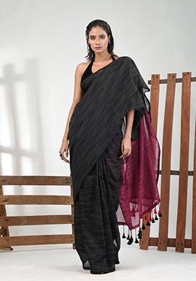 Black Solid Cotton Saree Set