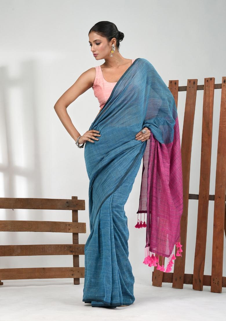 Blue Solid Cotton Saree Set
