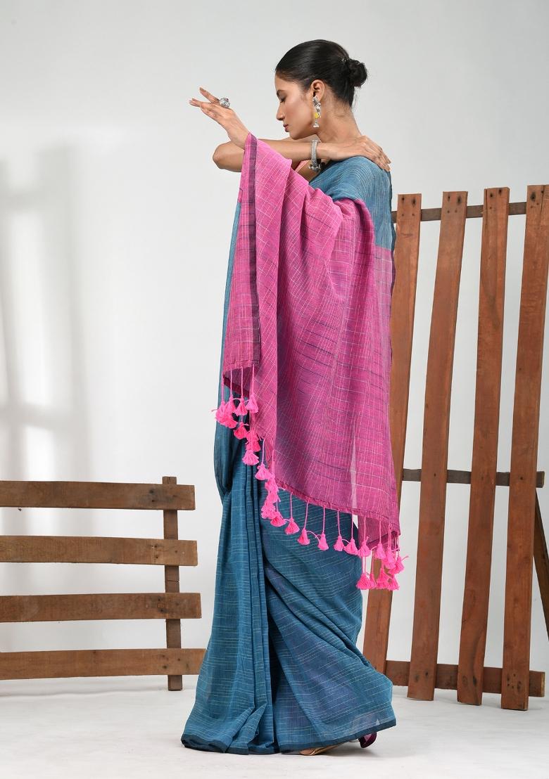 Blue Solid Cotton Saree Set