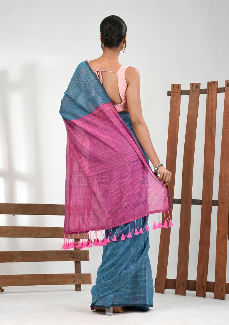 Blue Solid Cotton Saree Set