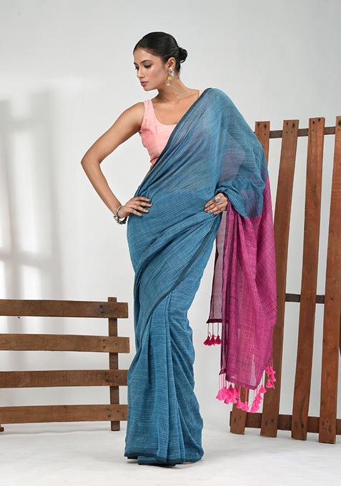Blue Solid Cotton Saree Set