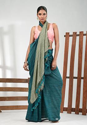 Teal Blue Solid Cotton Saree Set