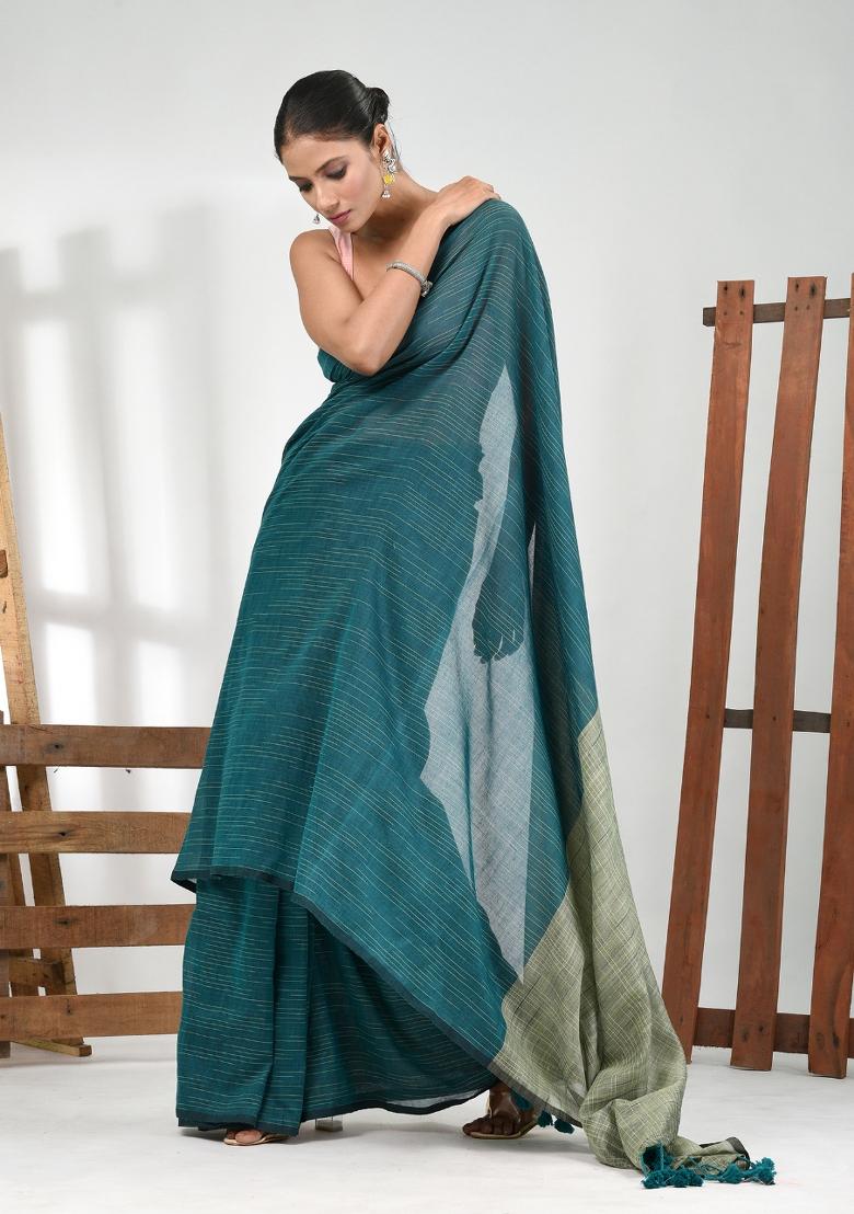 Teal Blue Solid Cotton Saree Set