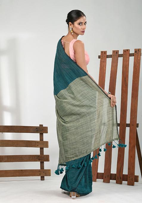 Teal Blue Solid Cotton Saree Set