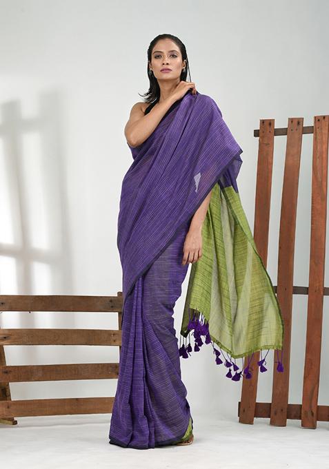 Violet Solid Cotton Saree Set