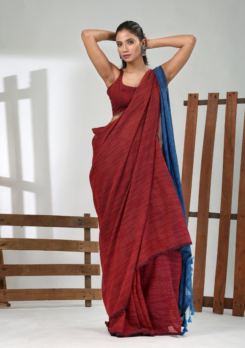 Dark Red Solid Cotton Saree Set