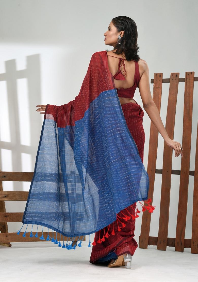 Dark Red Solid Cotton Saree Set