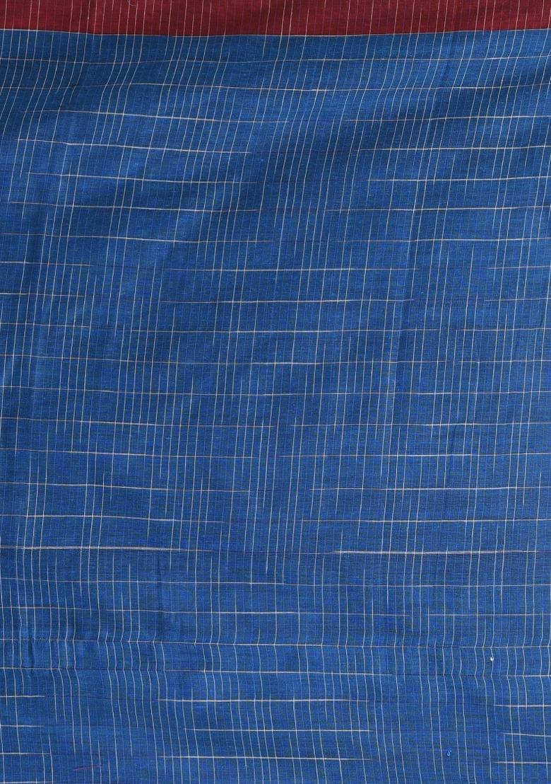 Dark Red Solid Cotton Saree Set - Indya