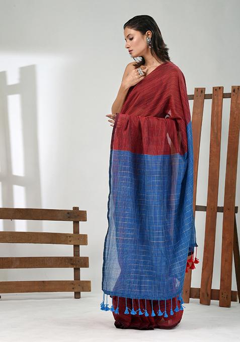 Dark Red Solid Cotton Saree Set