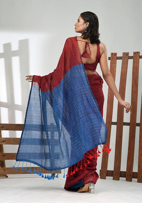 Dark Red Solid Cotton Saree Set