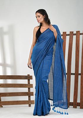 Sapphire Blue Solid Cotton Saree Set