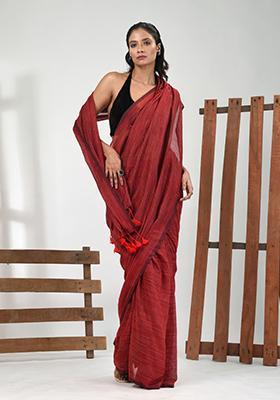 Dark Red Solid Cotton Saree Set